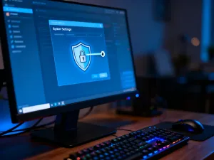 Router z migającą czerwoną diodą ostrzegawczą na biurku, sygnalizujący problem z połączeniem internetowym.