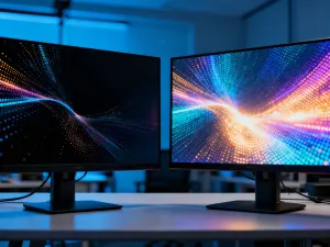 Podświetlona klawiatura w układzie QWERTZ oraz menu ustawień języka w systemie Windows na ekranie monitora.