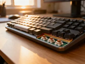 Procesor komputerowy na biurku w tle z otwartymi ustawieniami optymalizacji systemu Windows 10.