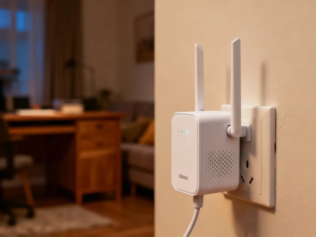 Nowoczesny wzmacniacz sygnału Wi-Fi wpięty do gniazdka w przytulnym salonie, poprawiający zasięg sieci w domu.