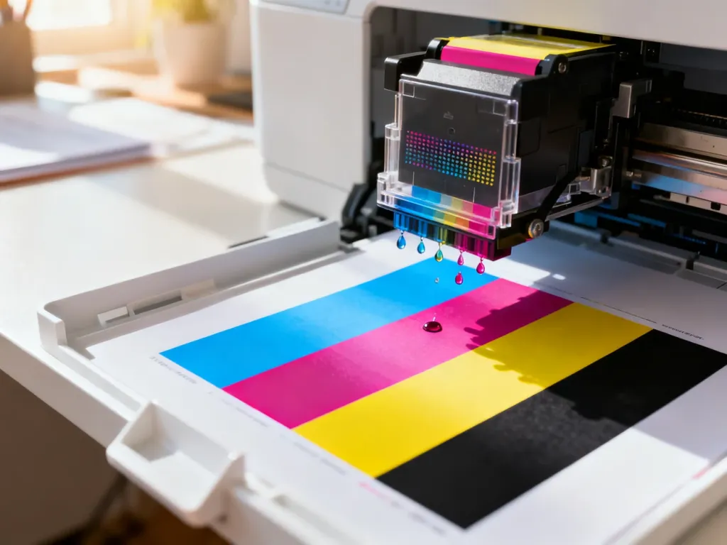 Wydruk testowy z kolorowymi paskami CMYK obok głowicy drukarki, obrazujący poprawność działania dysz.