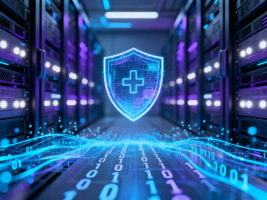 Cyfrowa tarcza ochronna w futurystycznej serwerowni, symbolizująca zaawansowane zabezpieczenia systemu Windows Defender.