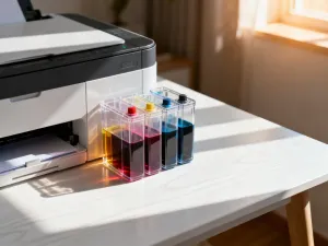 Nowoczesny monitor wyświetlający uporządkowaną skrzynkę mailową z animacją automatycznego sortowania wiadomości do folderów.
