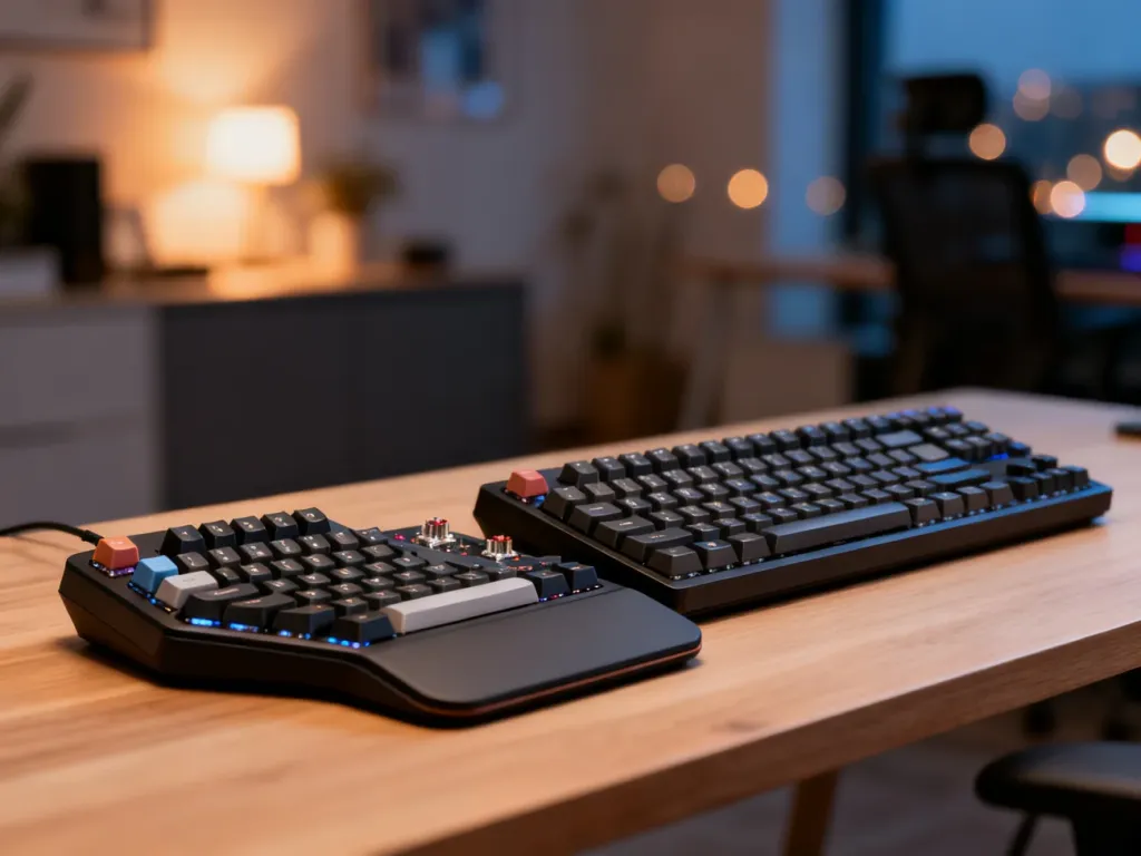 Porównanie ergonomicznej klawiatury programistycznej z dzielonym układem oraz standardowej klawiatury pełnowymiarowej.