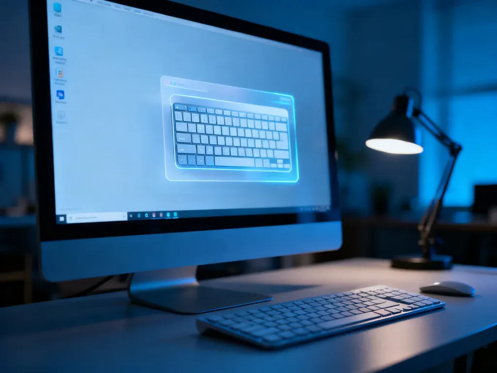 Monitor komputera z otwartym oknem klawiatury ekranowej na pulpicie w nowoczesnym biurze.