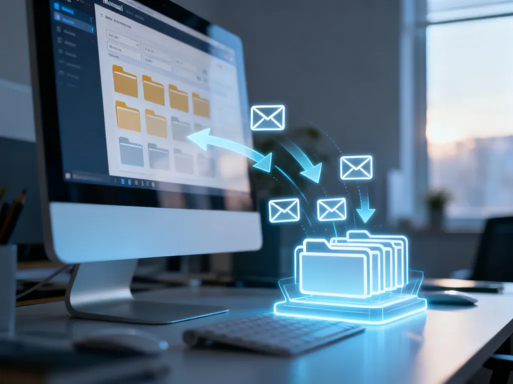 Nowoczesny monitor wyświetlający uporządkowaną skrzynkę mailową z animacją automatycznego sortowania wiadomości do folderów.