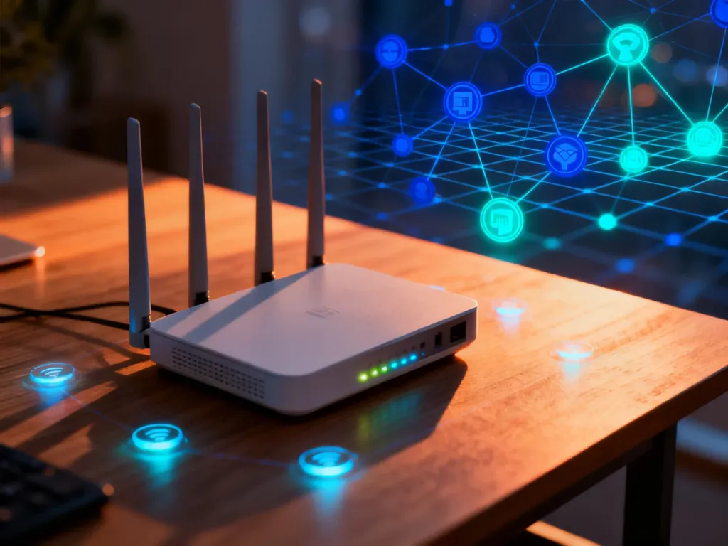 Nowoczesny router Wi-Fi na biurku z widocznymi diodami sygnalizacyjnymi na tle cyfrowej sieci połączeń.