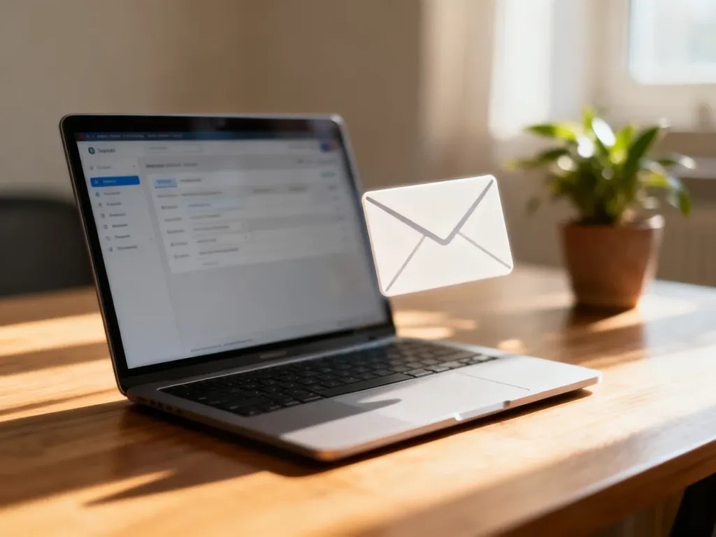 Nowoczesne stanowisko pracy z laptopem, na którego ekranie widoczna jest ikona wiadomości e-mail.