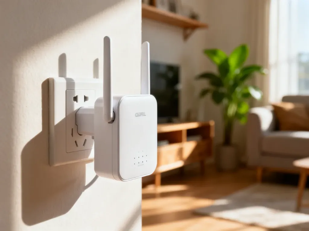 Biały wzmacniacz sygnału Wi-Fi podłączony do gniazdka elektrycznego w przytulnym salonie.