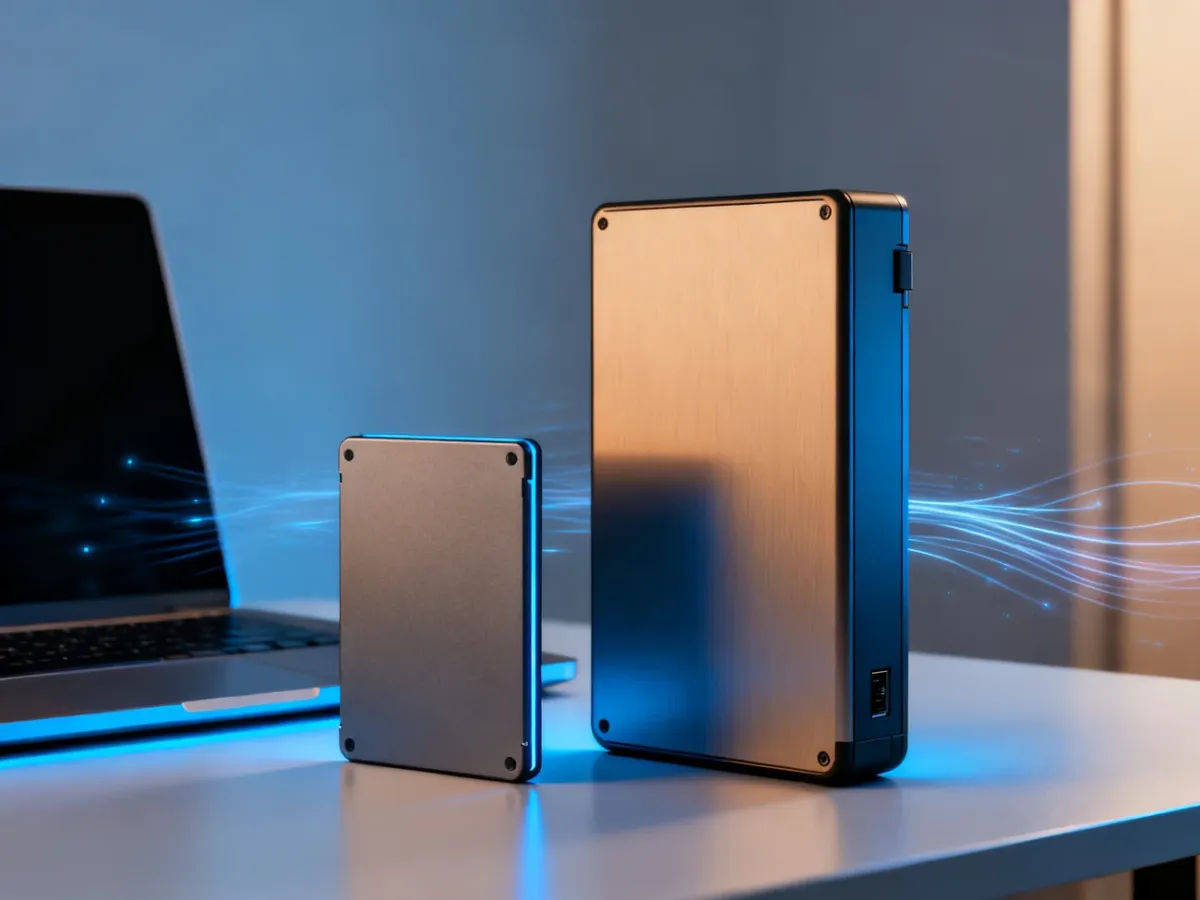 Zewnętrzne dyski SSD i HDD porównane na biurku obok laptopa