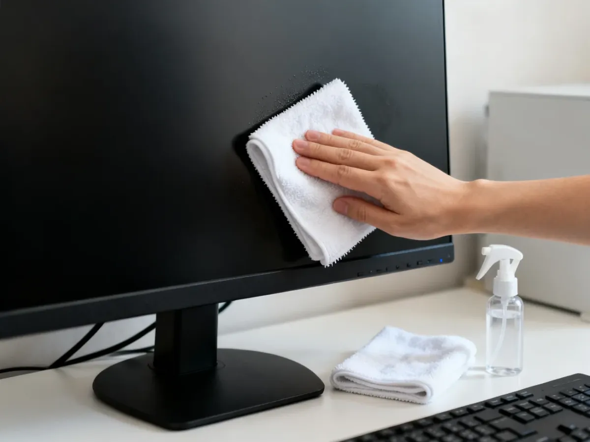Czyszczenie wyłączonego monitora ściereczką z mikrofibry