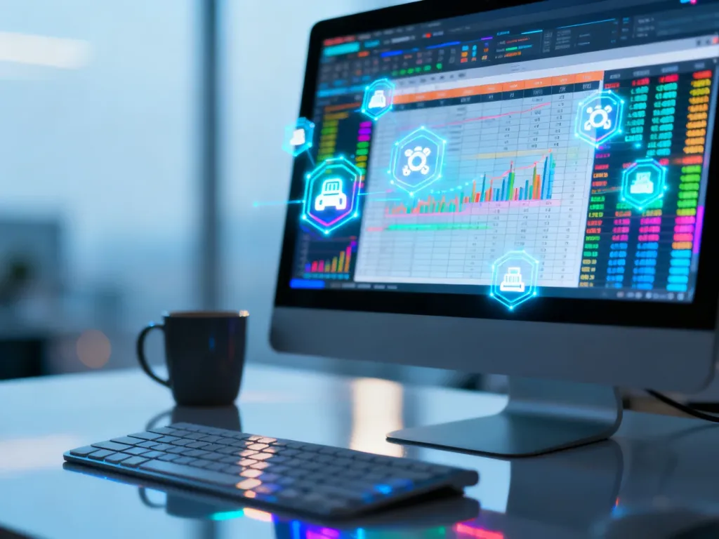 Ekran komputera z arkuszem kalkulacyjnym i ikonami automatyzacji, ilustrujący pracę z makrami w programie Excel.