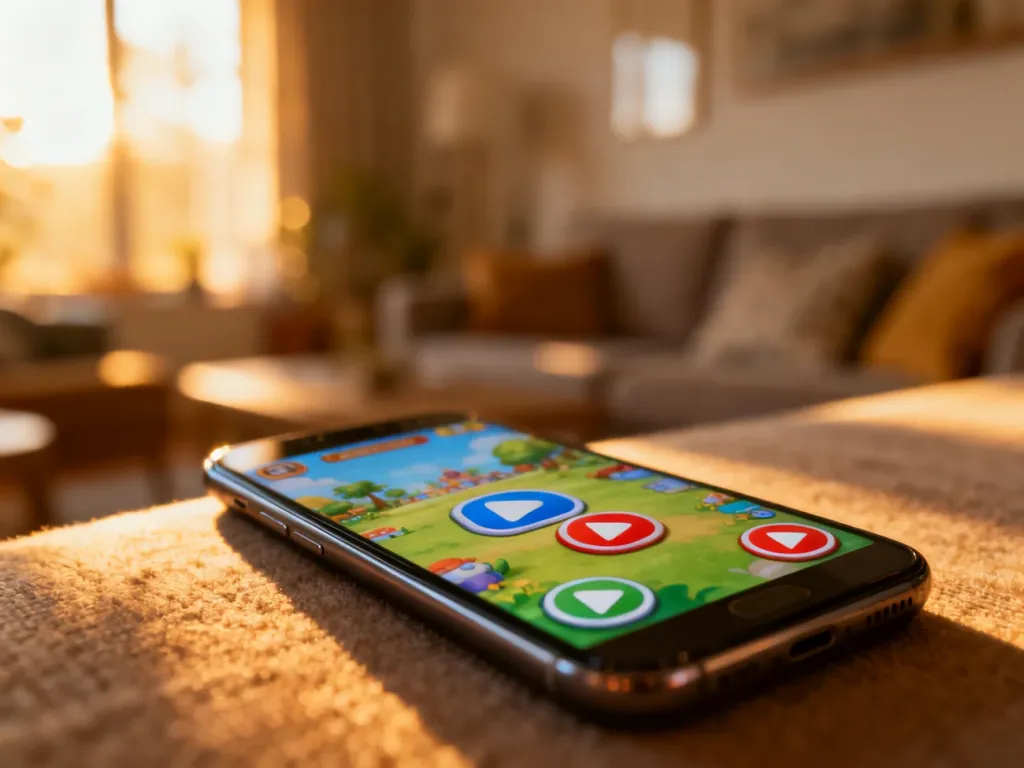 Ekran smartfona z kolorowym interfejsem gry mobilnej na tle przytulnego salonu.
