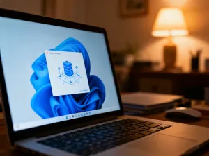 Ekran monitora z komunikatem o braku sygnału oraz plątanina kabli HDMI i DisplayPort na biurku.