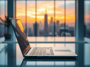 Nowoczesna klawiatura laptopa z włączonym niebieskim podświetleniem w przyciemnionym pomieszczeniu.