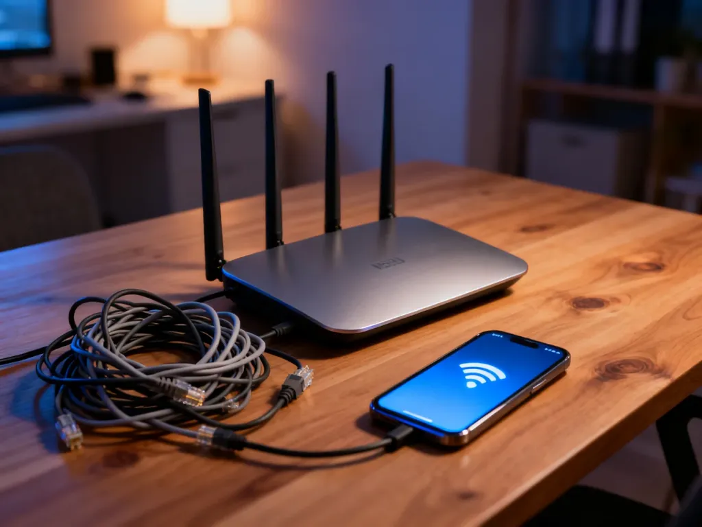 Nowoczesny router na biurku obok splątanych kabli i smartfona z ikoną braku połączenia z siecią Wi-Fi.