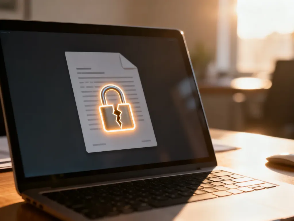 Nowoczesny laptop z ikoną otwartej kłódki na ekranie, symbolizujący pomyślne usunięcie hasła z dokumentu PDF.