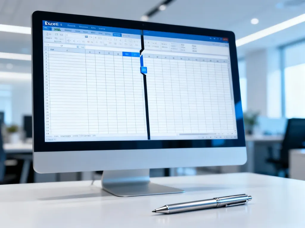 Ekran komputera z otwartym arkuszem Excel, na którym widoczna jest dzielona komórka w profesjonalnym biurowym otoczeniu.