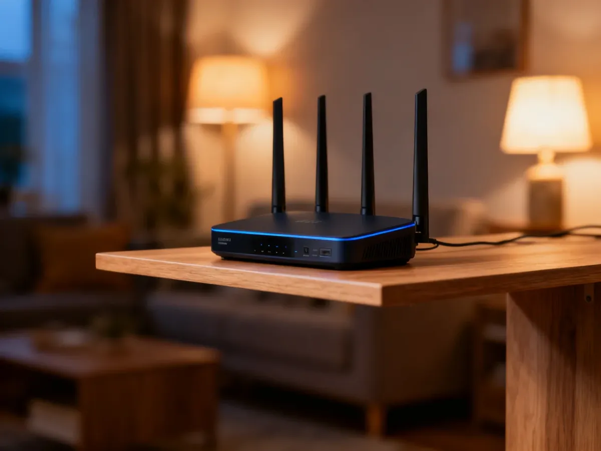 Nowoczesny router bezprzewodowy ustawiony centralnie na drewnianej półce w przytulnym salonie.