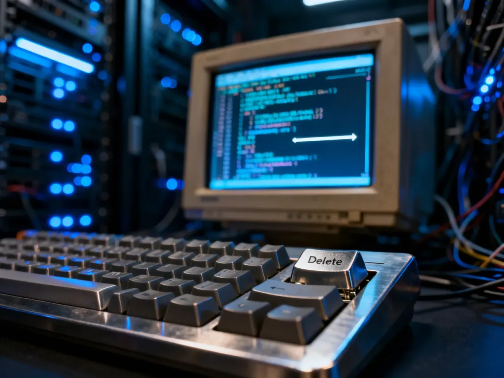 Zbliżenie na klawisz Delete na tle monitora z kodem systemowym i serwerowni, symbolizujące usuwanie plików systemowych.