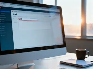 Ekran laptopa z ikoną pliku PDF na drewnianym biurku w słonecznym biurze.
