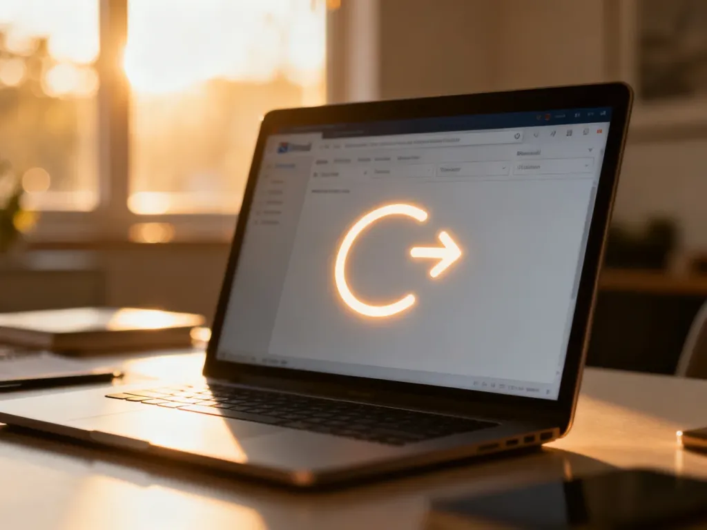 Ekran laptopa z ikoną strzałki symbolizującą przekierowanie wiadomości e-mail w profesjonalnym biurze.