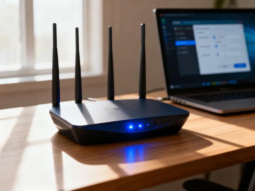 Nowoczesny router z aktywnymi diodami na drewnianym biurku, obok laptopa z otwartymi ustawieniami sieci.