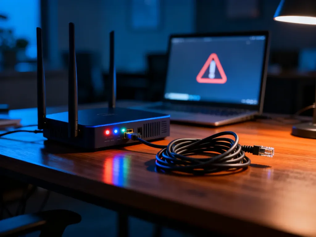 Nowoczesny router z migającymi diodami i rozmyty ekran laptopa z błędem połączenia sieciowego w biurze.