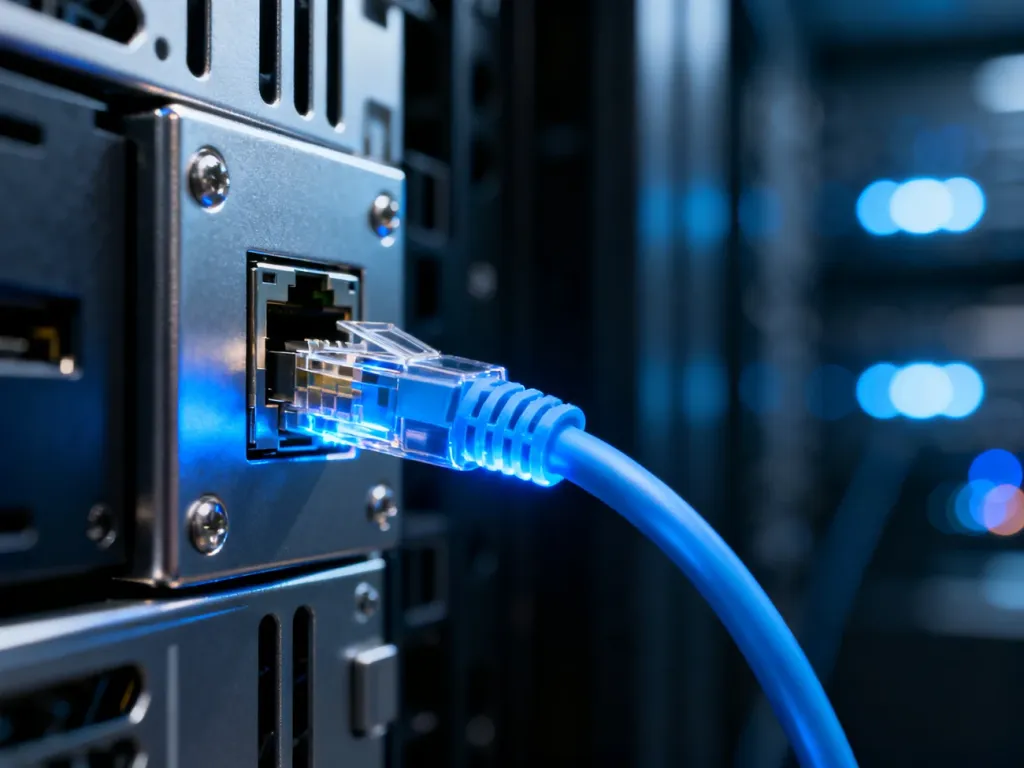 Zbliżenie na port Ethernet w serwerze z podłączonym kablem światłowodowym w nowoczesnej serwerowni.
