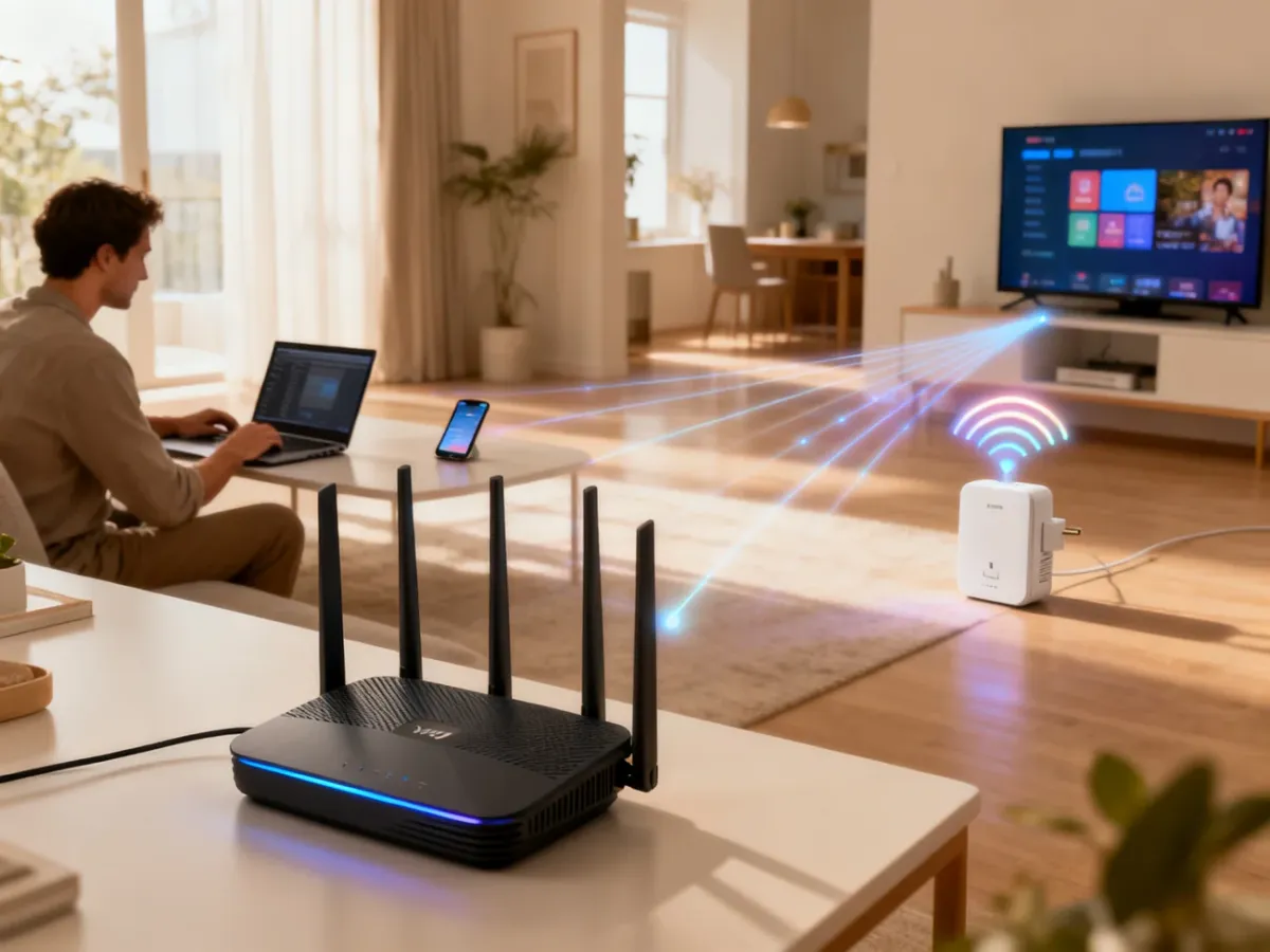 Router i wzmacniacz Wi-Fi przekazujące sygnał do urządzeń w domu