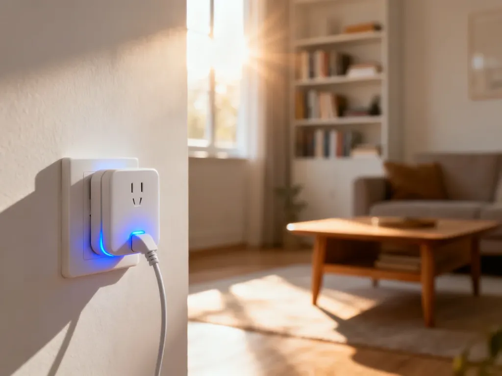 Wzmacniacz sygnału Wi-Fi wpięty do gniazdka z aktywną niebieską diodą, zapewniający lepszy zasięg w domowym salonie.