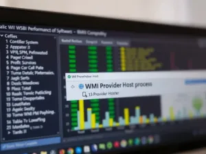 Nowoczesny router Wi-Fi z diodami LED na drewnianym biurku w przytulnym domowym biurze.