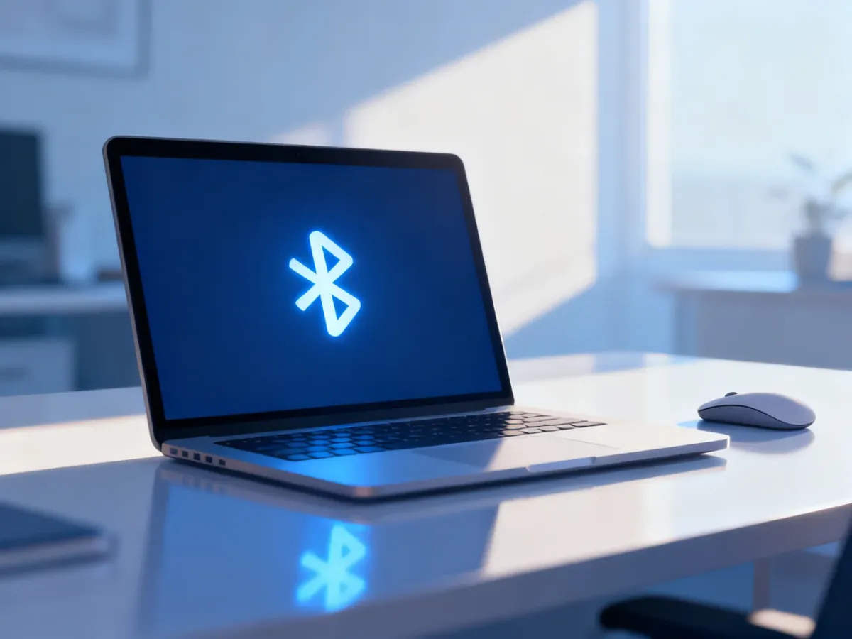 Ekran laptopa z podświetlanym symbolem Bluetooth na tle biurka, ilustrujący proces łączenia urządzeń bezprzewodowych.