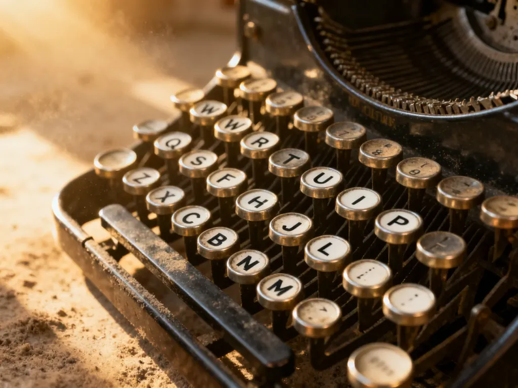 Zbliżenie na klawisze zabytkowej maszyny do pisania z układem QWERTY w ciepłym, popołudniowym świetle.