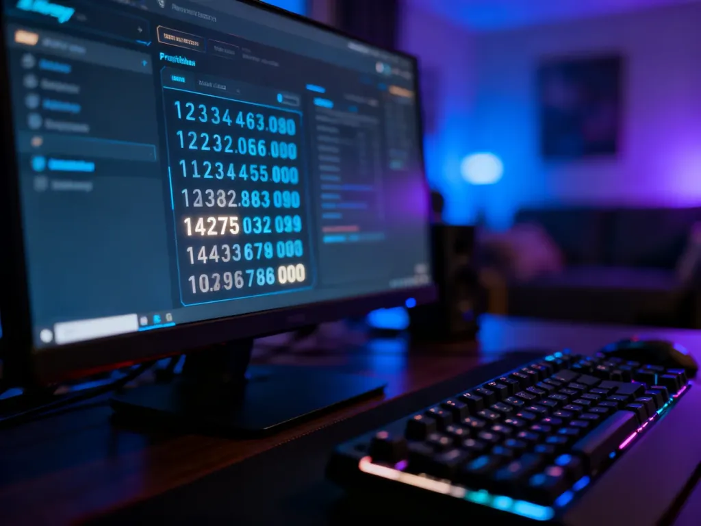 Monitor z wyświetlonym profilem gracza i wyróżnionym numerem Steam ID na tle podświetlanej klawiatury gamingowej.