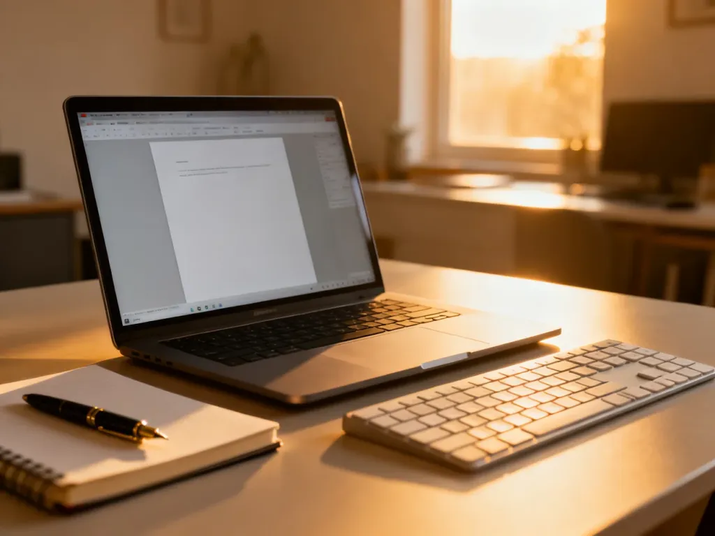 Nowoczesne stanowisko pracy z otwartym dokumentem na ekranie laptopa, gotowe do pisania i edycji tekstów w programie Word.
