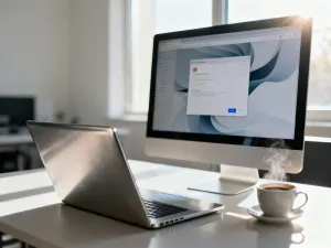 Nowoczesna kamera internetowa USB zamontowana na monitorze komputera w domowym biurze.