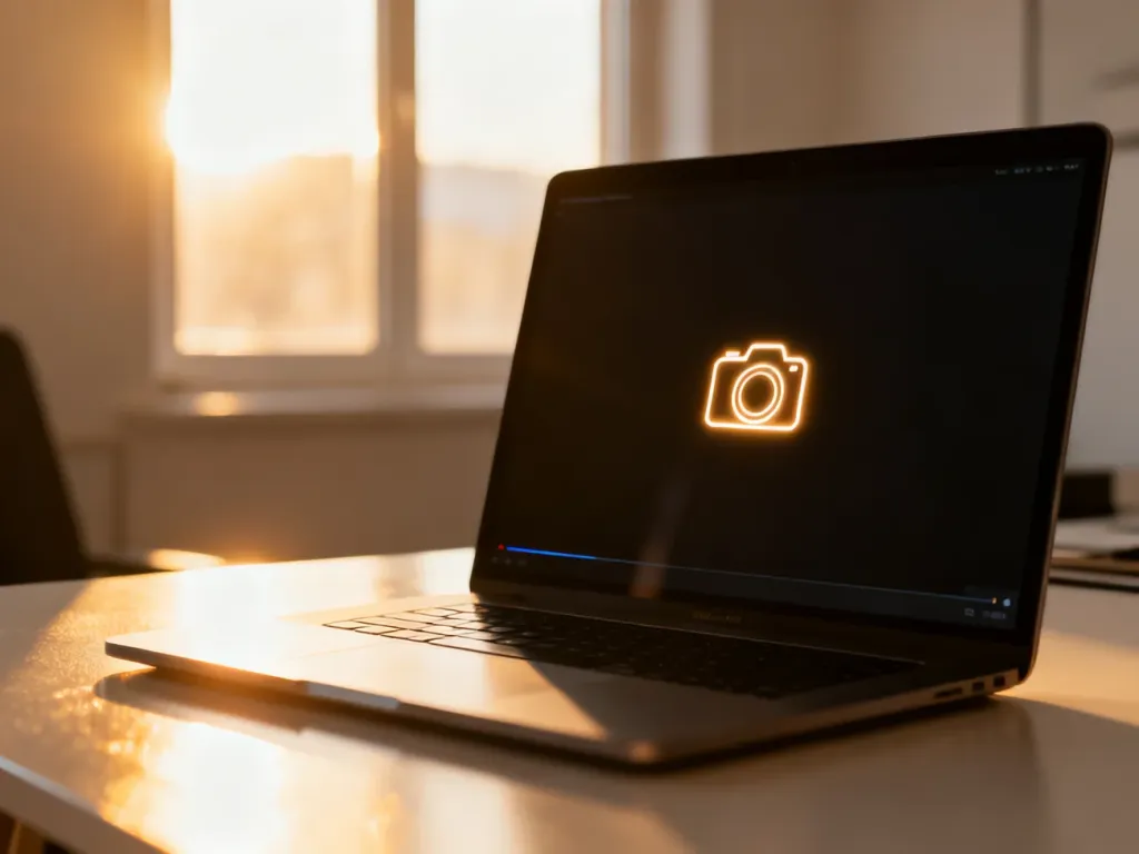 Ekran laptopa z otwartym oknem podglądu kamery w minimalistycznym biurze oświetlonym ciepłym światłem słonecznym.