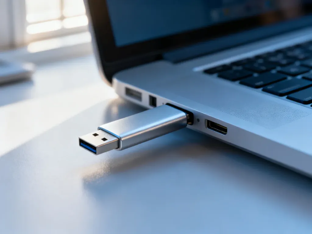 Srebrny pendrive wpięty do portu laptopa na tle nowoczesnego, rozmytego stanowiska pracy.