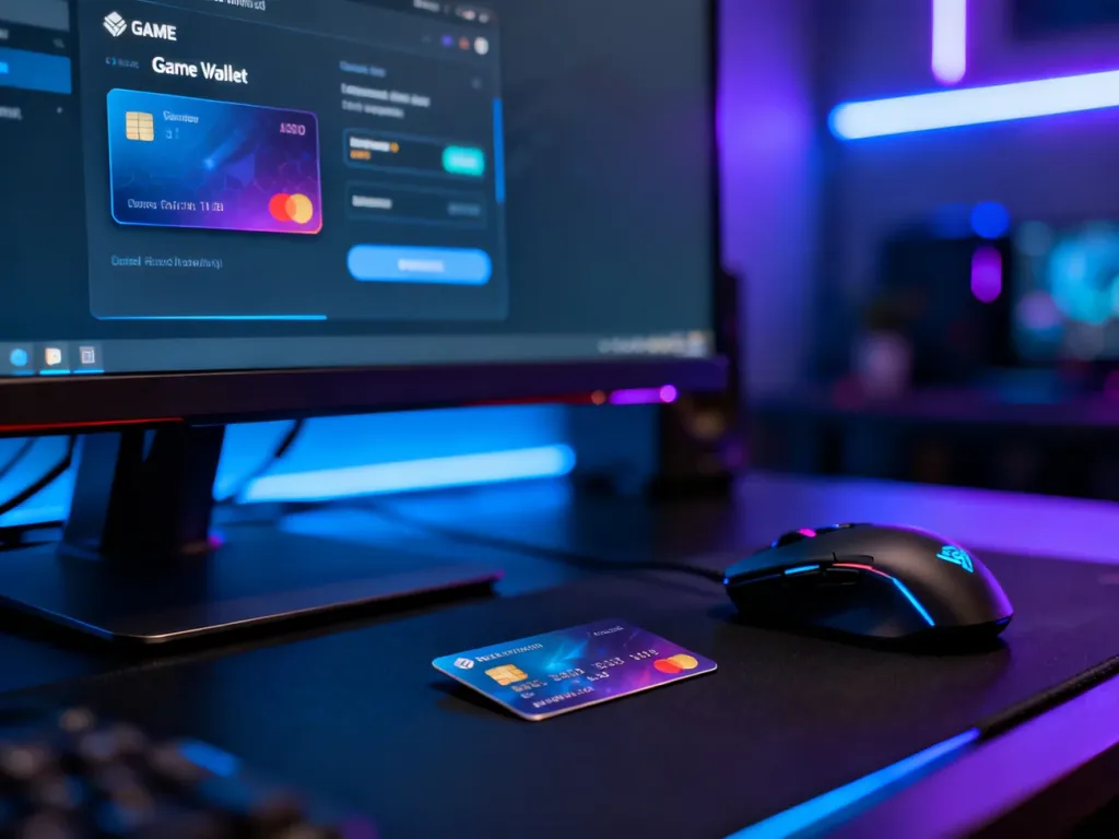 Karta płatnicza leżąca obok myszki gamingowej na tle ekranu z interfejsem portfela Steam w nastrojowym oświetleniu.