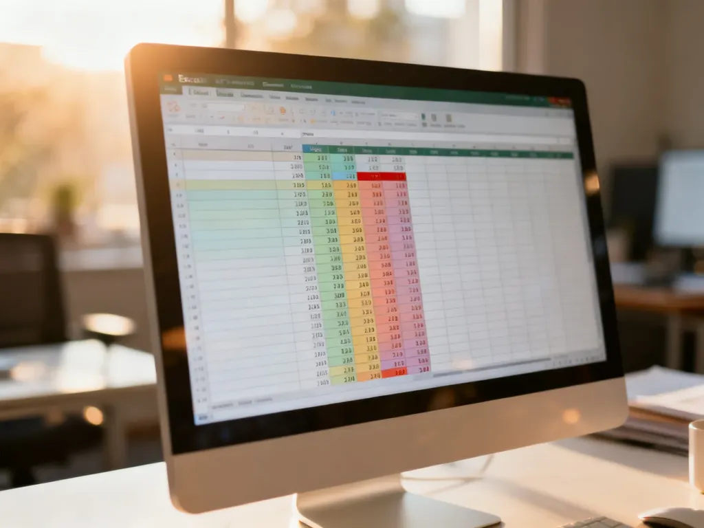 Monitor wyświetlający arkusz kalkulacyjny Excel z wyróżnioną kolumną rankingową i uporządkowanymi wartościami liczbowymi.
