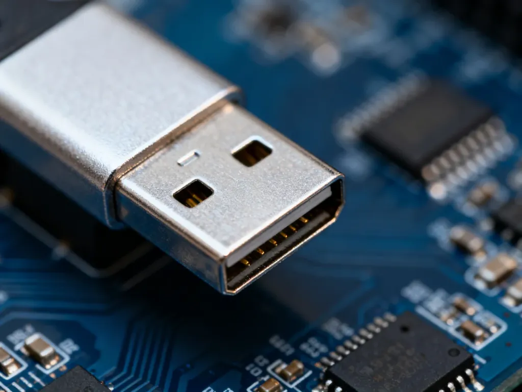Zbliżenie na metalowy wtyk USB-A z widocznymi stykami na tle rozmytej płytki drukowanej.