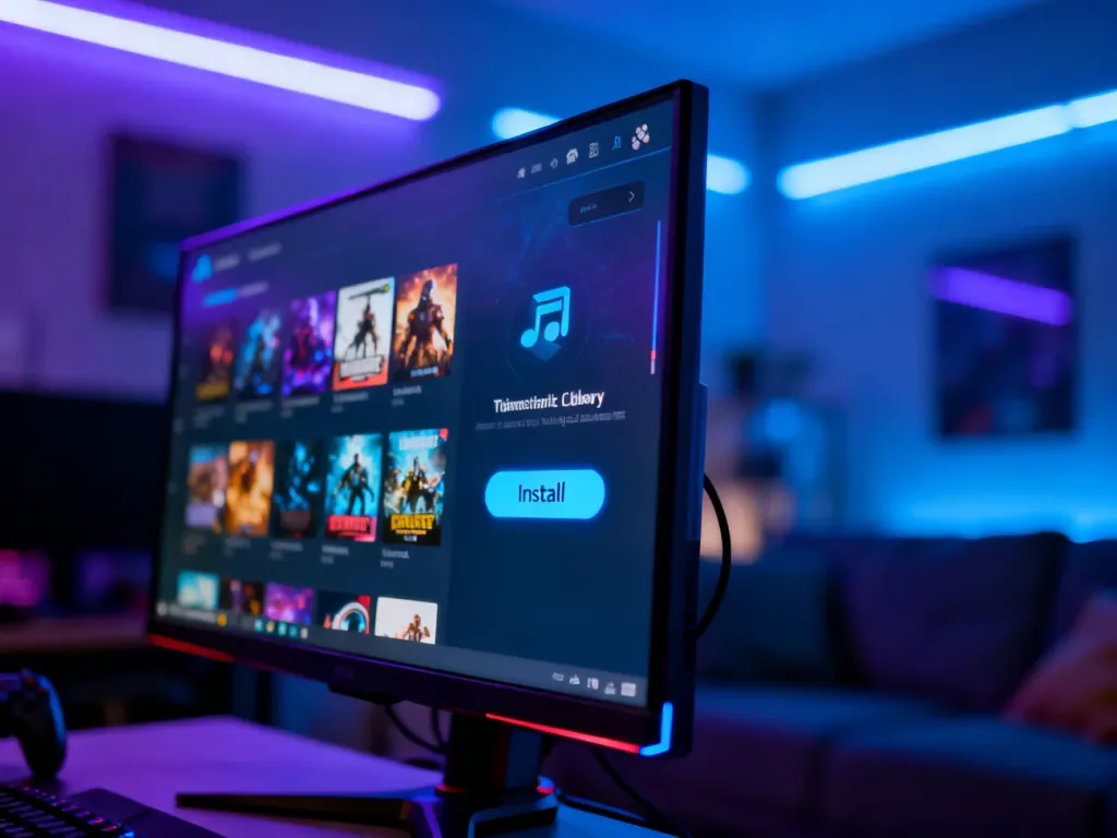 Ekran monitora z otwartą biblioteką gier Steam i widocznym przyciskiem instalacji w przytulnym pokoju gracza.