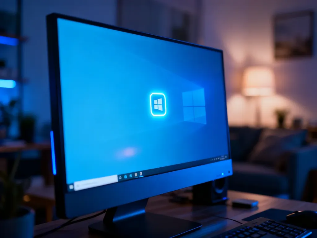 Nowoczesny monitor z pulpitem systemu Windows 10 w przytulnym, wieczornym biurze domowym.