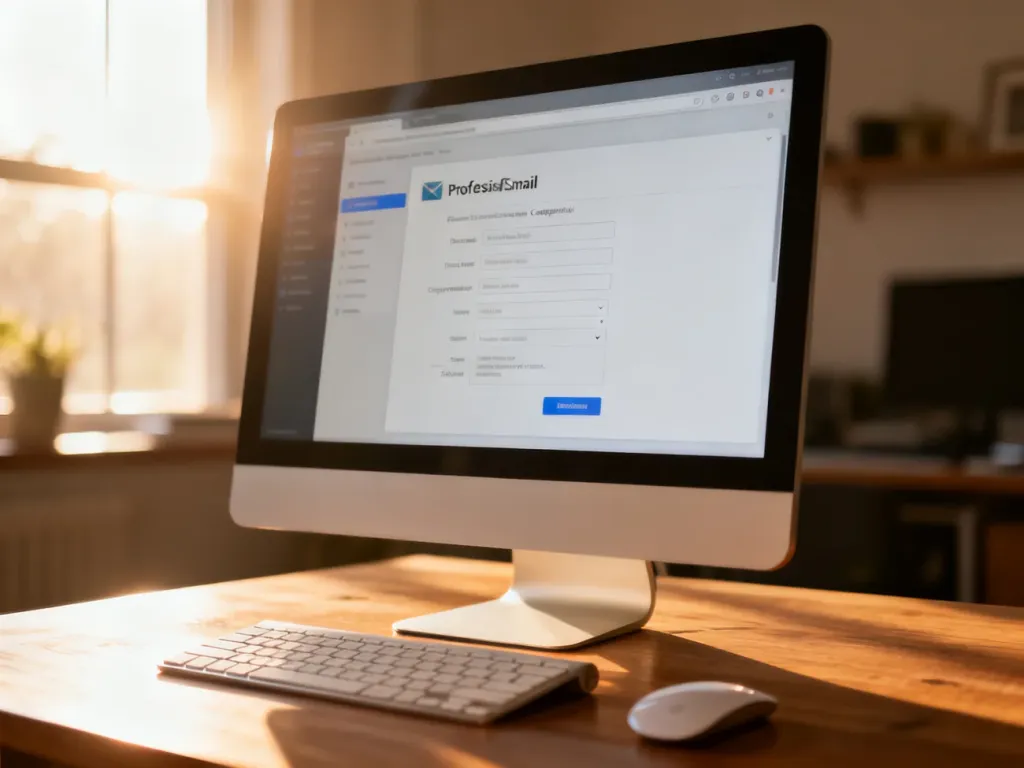 Stanowisko komputerowe z monitorem wyświetlającym interfejs konfiguracji poczty elektronicznej w programie Thunderbird.
