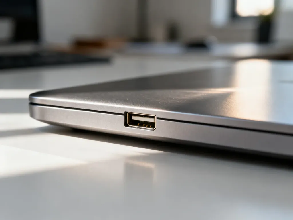 Zbliżenie na port USB-A w obudowie laptopa, ukazujące szczegóły złącza na tle minimalistycznego biurka.