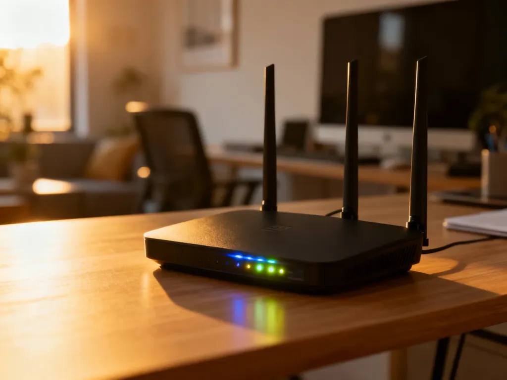 Nowoczesny router bezprzewodowy na biurku, sygnalizujący aktywną transmisję danych w domowym biurze.