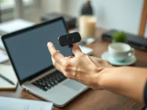 Srebrny pendrive na drewnianym biurku na tle monitora z kodem binarnym, ilustrujący wybór systemu plików.