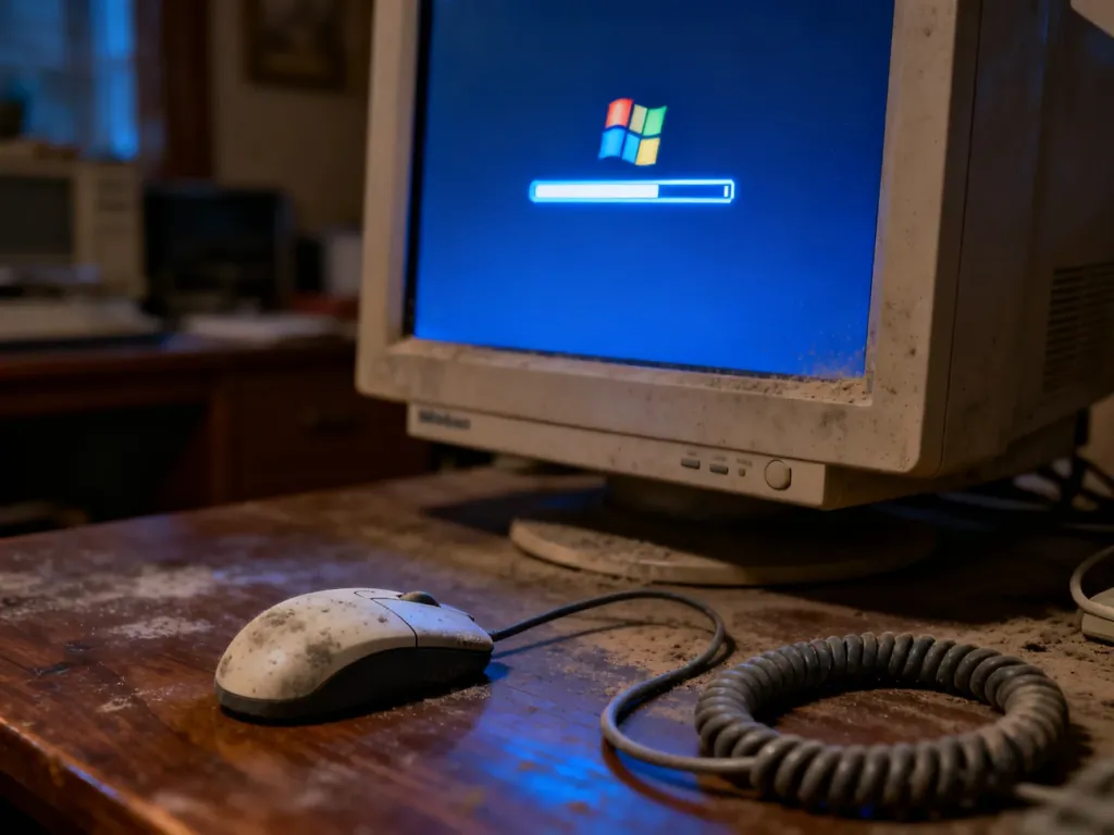 Pasek postępu ładowania systemu Windows na starym monitorze, symbolizujący proces przywracania systemu.