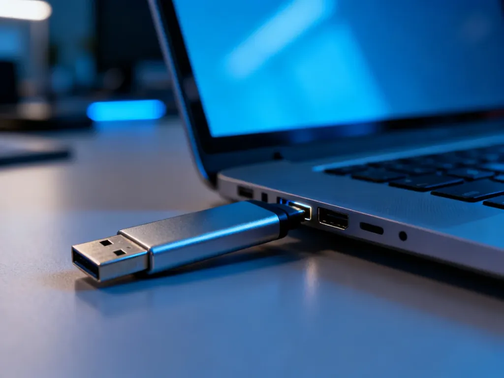 Pendrive wpięty do portu USB nowoczesnego laptopa w biurowym otoczeniu.